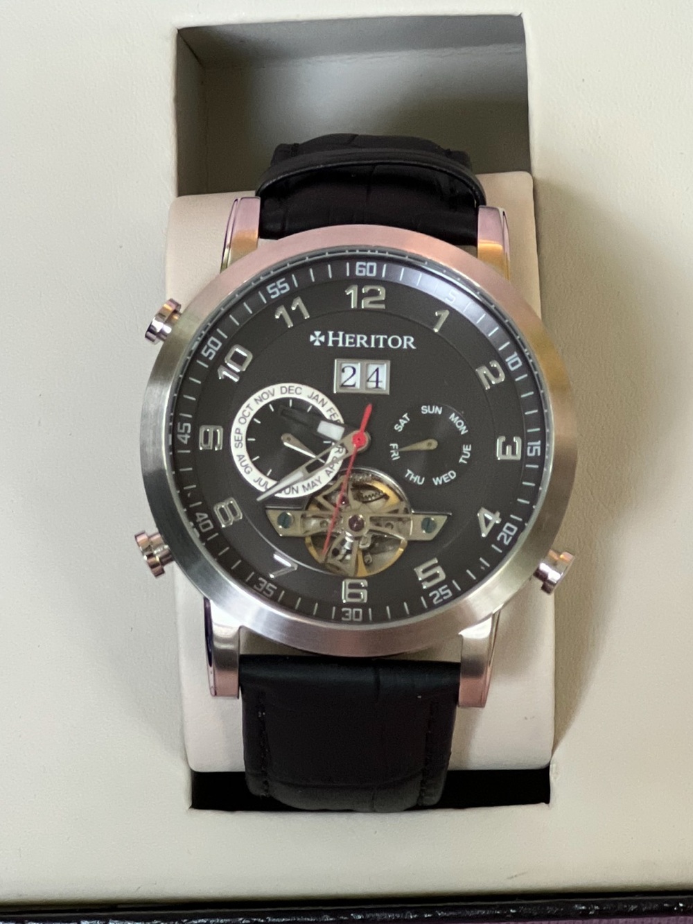 RARE Heritor Men's Black Dial Automatic Leather Strap Watch with Open Heart
